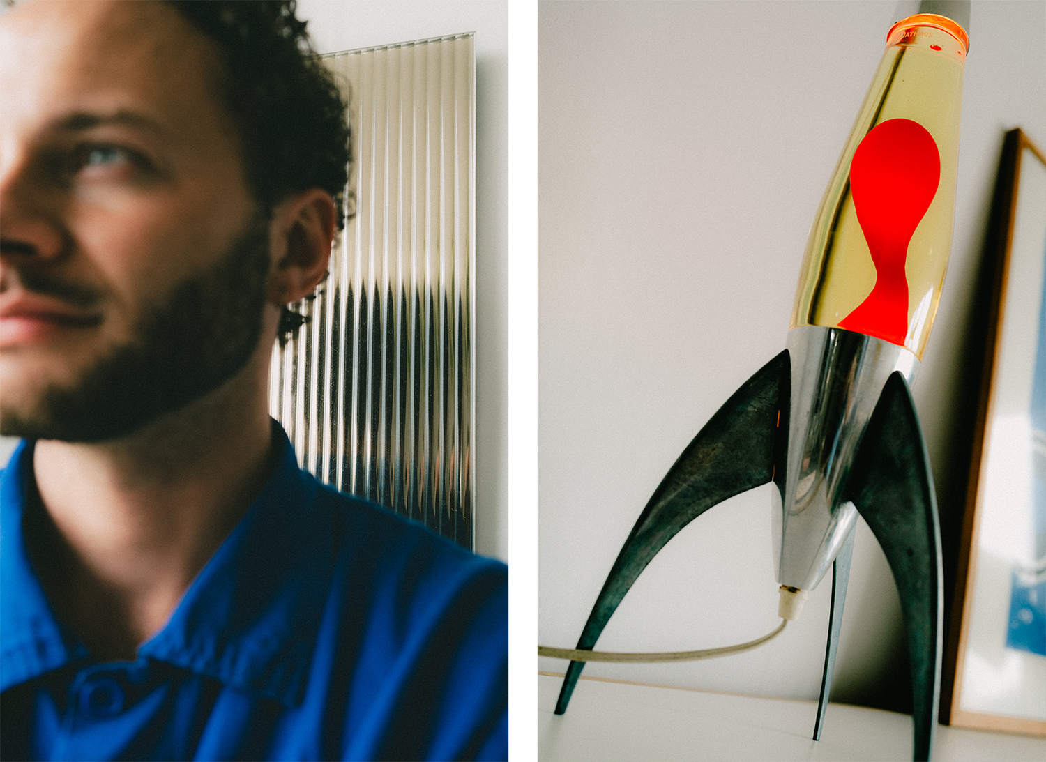 Two photos: the first one is a portrait of Dammes, the second one is a photo of a lava lamp.
